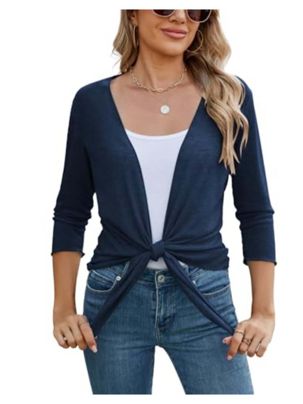 Women's Sheer Shrug Sweater Tie Front 3/4 Sleeve Lightweight Cardigan Summer